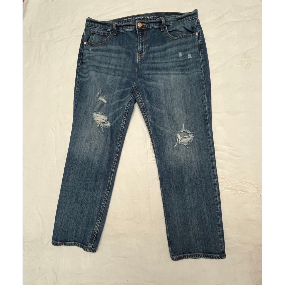 Old Navy Boyfriend Straight Jeans Womens 16 Blue Distressed Ripped Grunge Denim